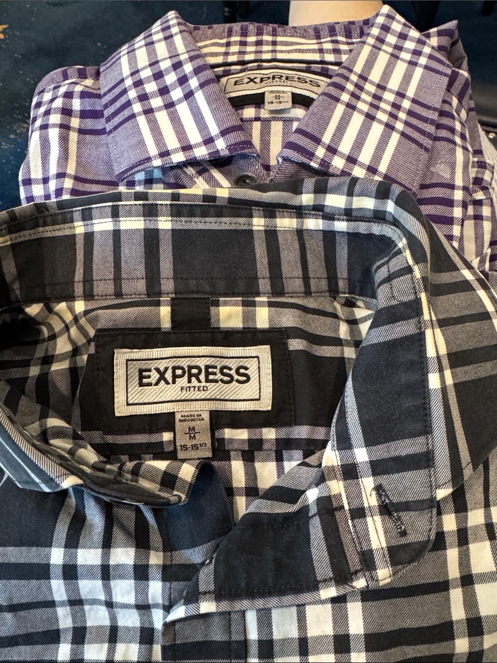 2 Express Men’s Plaid Button-Down French Cuff Shirts -Black/White & Purple/White